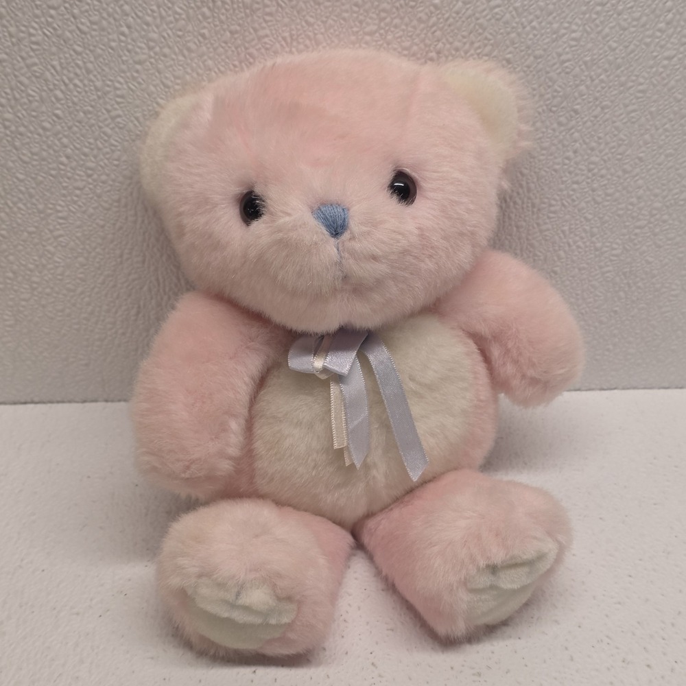 Vintage Chosun Pink White Blue Bow Bear Sitting Beanbag Plush